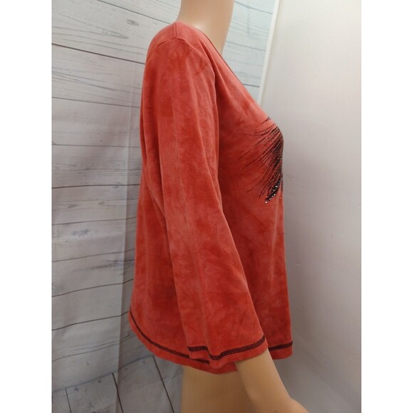 New Directions Coral Red Embellished Knit Top Peacock Feathers Womens XL Cotton - Picture 4 of 7